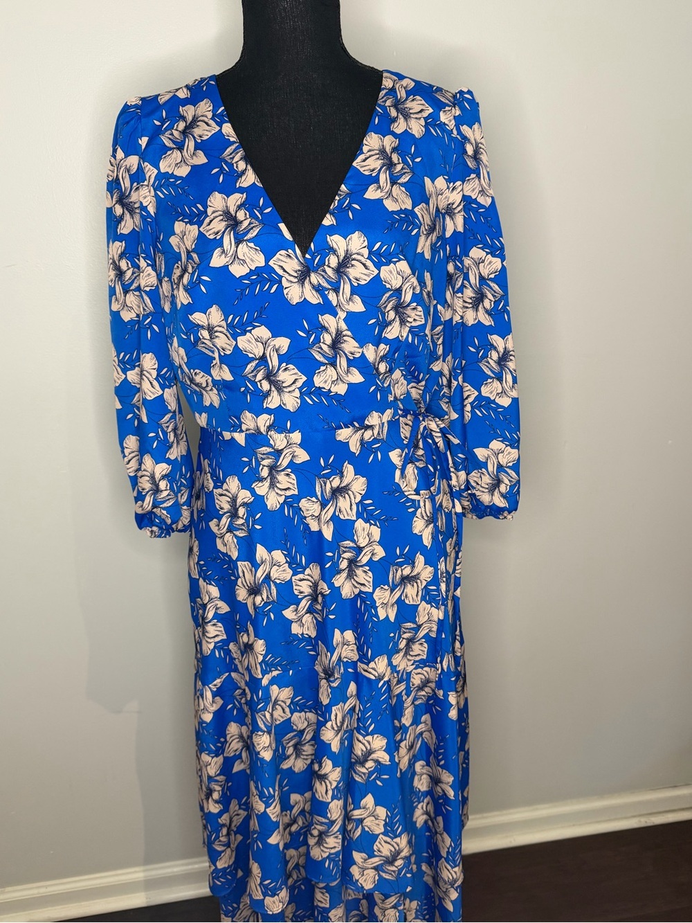 Eliza J Floral Faux-Wrap Tiered Midi Dress Blue Women's - Size 8 - Picture 3 of 12